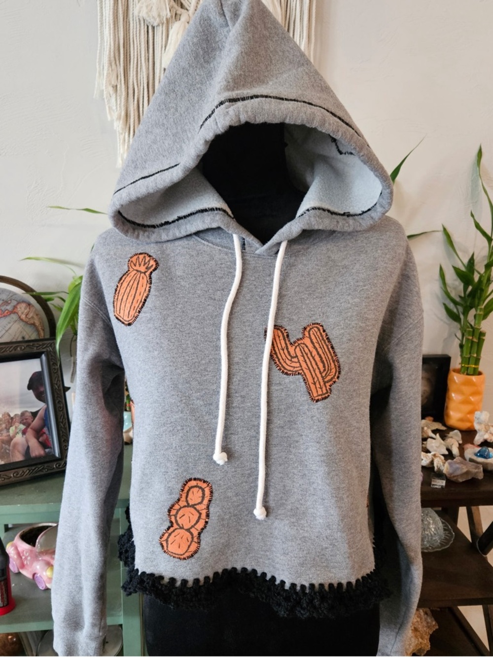 wild fable Gray Hooded Sweatshirt with Orange Cactus Patches and Black Crochet